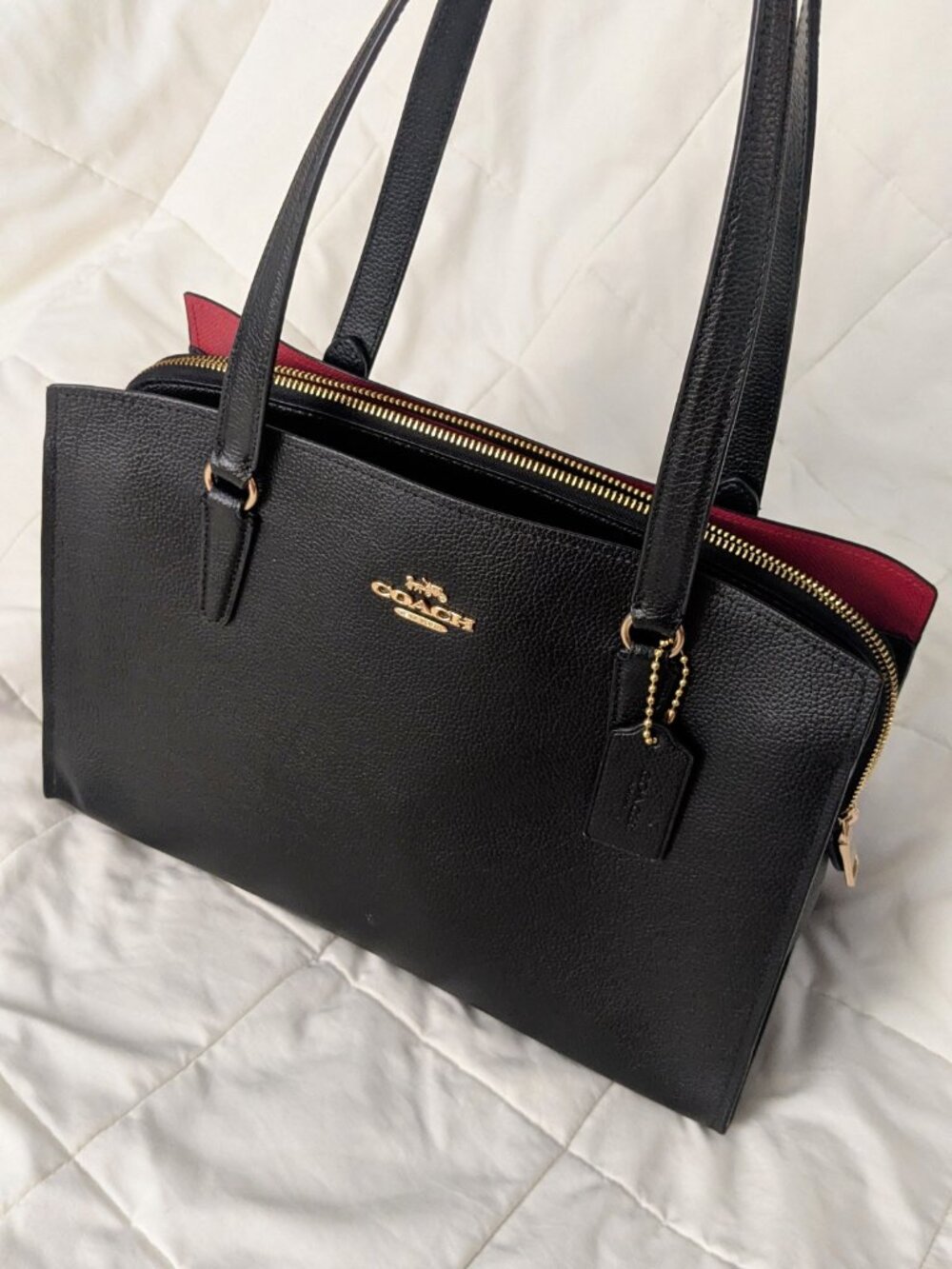 Coach Tatum Carryall Tote Work Bag Black Red Inside Pebble Double Leather C4078 - Picture 16 of 16